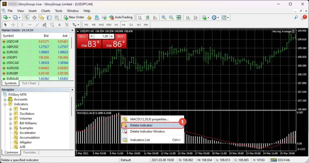 right click on the indicator and choose "Delete Indicator"