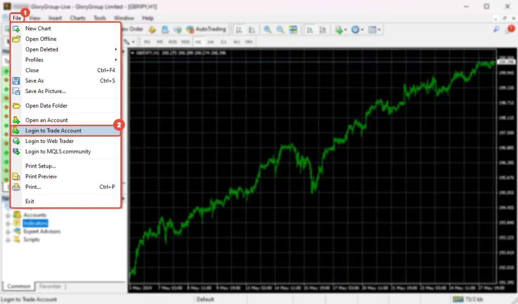 click on the "File" option in the top bar menu and choose "Login to Trader Account"