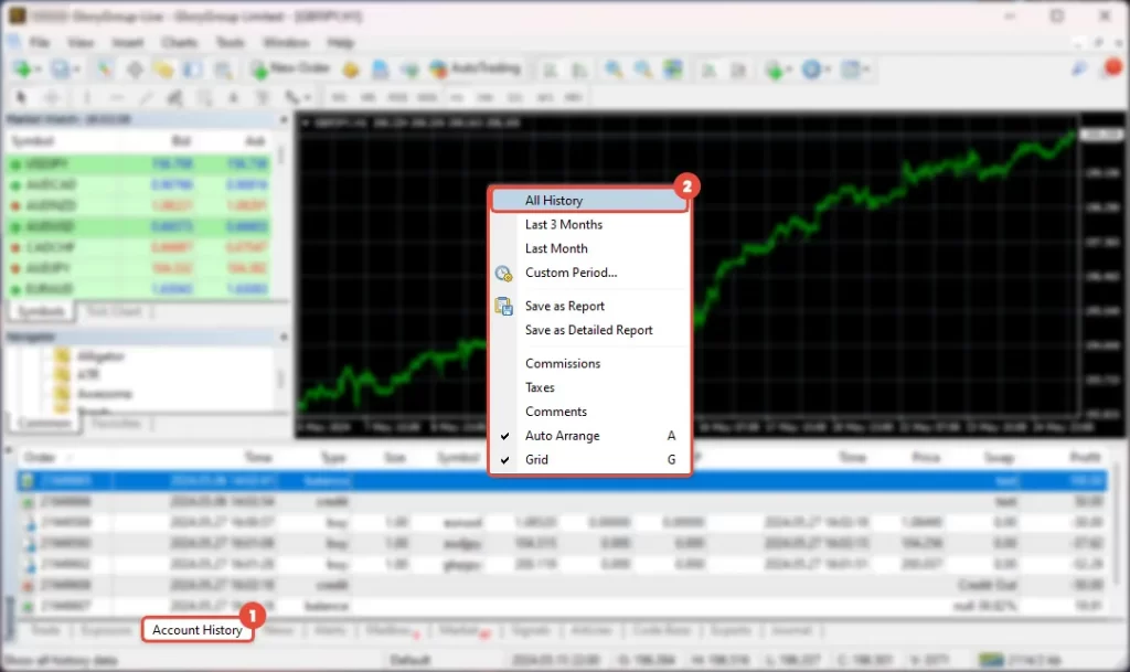 right click on the "Account History" in the terminal and choose "All History"