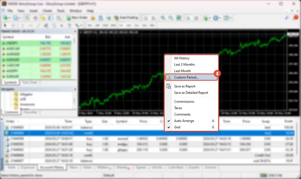 right click on the "Account History" in the terminal and choose "Time Period"