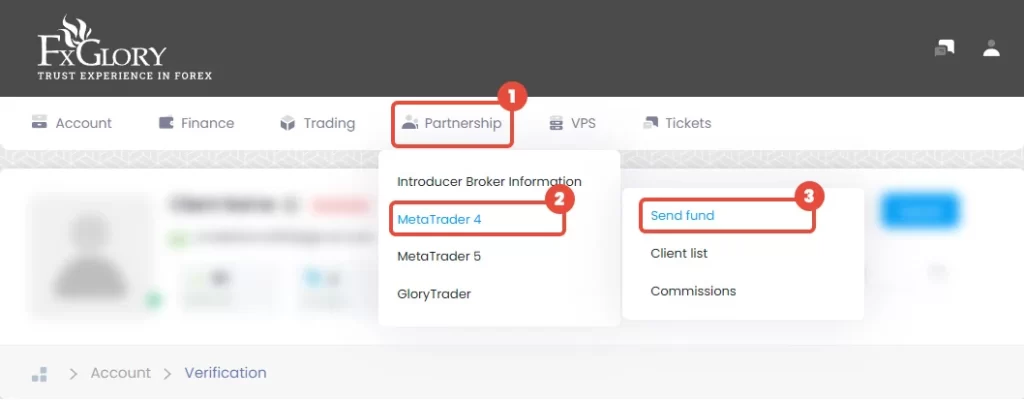 choose "Send Funds" from the MT4 or MT5 option from the "Partnership" Menu