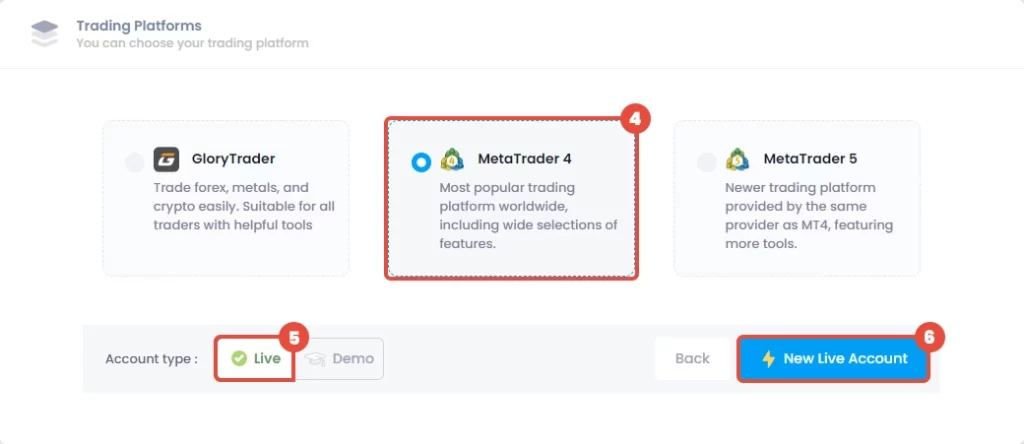 choose the platform and click on the New Live Account