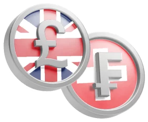 England Flag with GBP sign on it beside Switzerland Flag with CHF logo on that