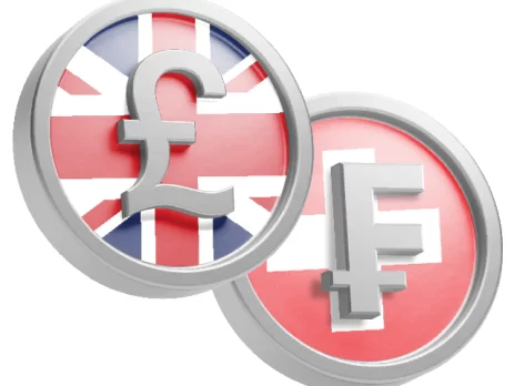 England Flag with GBP sign on it beside Switzerland Flag with CHF logo on that