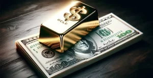 A gold bar with a dollar sign on it, resting on top of a stack of 100-dollar bills
