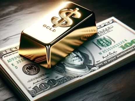 A gold bar with a dollar sign on it, resting on top of a stack of 100-dollar bills