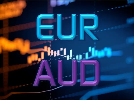 EUR and AUD words in a back ground of candestick chart