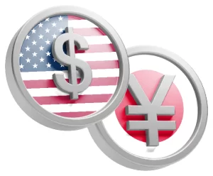 USD logo on the USD flag with JPY logo on the Japan flag