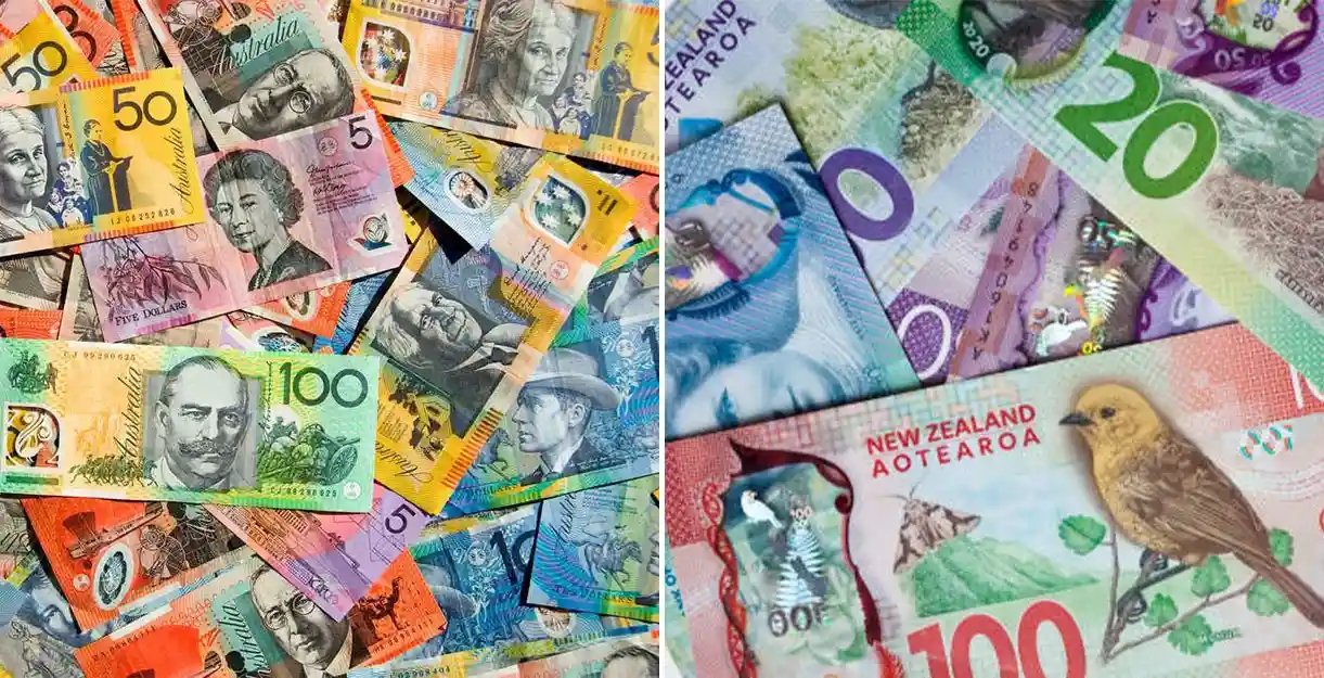 AUDNZD - Colorful Australian dollars (left) and New Zealand dollars (right)