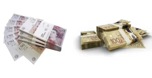 GBP-CAD - The image shows stacks of British Pound notes on the left and Canadian Dollar notes on the right