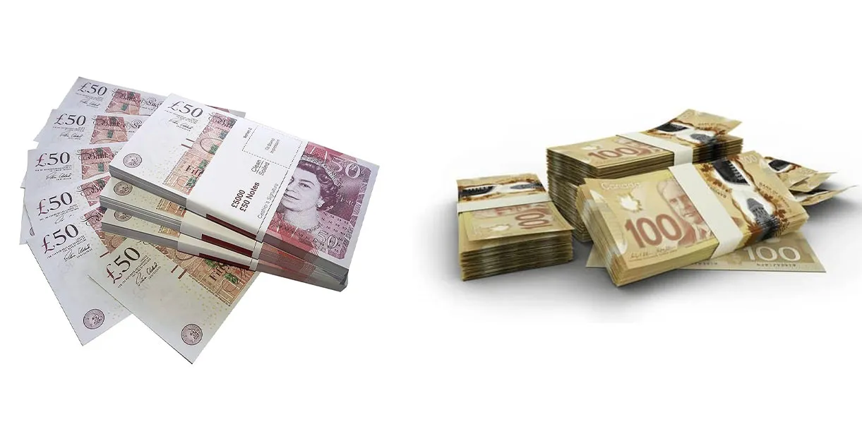 GBP-CAD - The image shows stacks of British Pound notes on the left and Canadian Dollar notes on the right