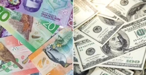 New Zealand dollar banknotes on the left, US dollar banknotes on the right