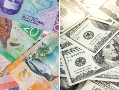 New Zealand dollar banknotes on the left, US dollar banknotes on the right