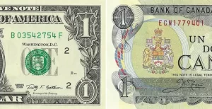 The image shows a U.S. one-dollar bill next to a Canadian one-dollar bill