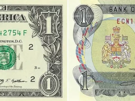 The image shows a U.S. one-dollar bill next to a Canadian one-dollar bill