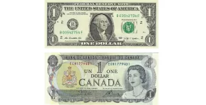 USD-CAD- The image shows a U.S. one-dollar bill and a Canadian one-dollar