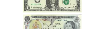 USD-CAD- The image shows a U.S. one-dollar bill and a Canadian one-dollar