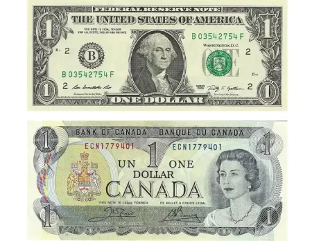 USD-CAD- The image shows a U.S. one-dollar bill and a Canadian one-dollar