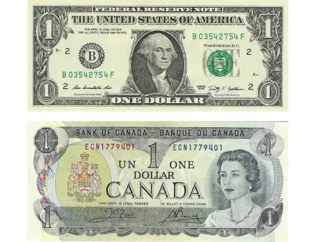 USD_-_CADimage shows a U.S. one-dollar bill and a Canadian one-dollar