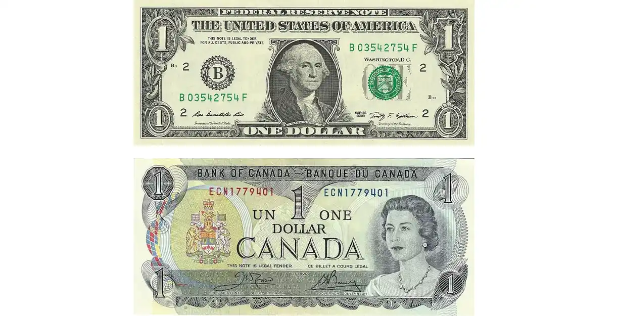 USD_-_CADimage shows a U.S. one-dollar bill and a Canadian one-dollar