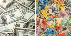 audusd-H4- This image shows U.S. dollar bills beside colorful Australian dollar banknotes, comparing USD and AUD currencies