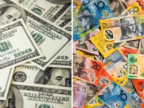 audusd-H4- This image shows U.S. dollar bills beside colorful Australian dollar banknotes, comparing USD and AUD currencies