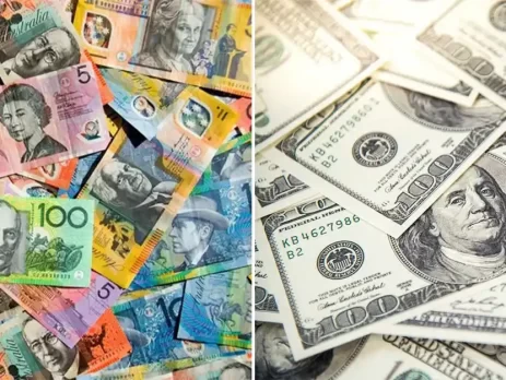 AUDUSD - The image shows Australian dollar notes beside U.S. dollar bills