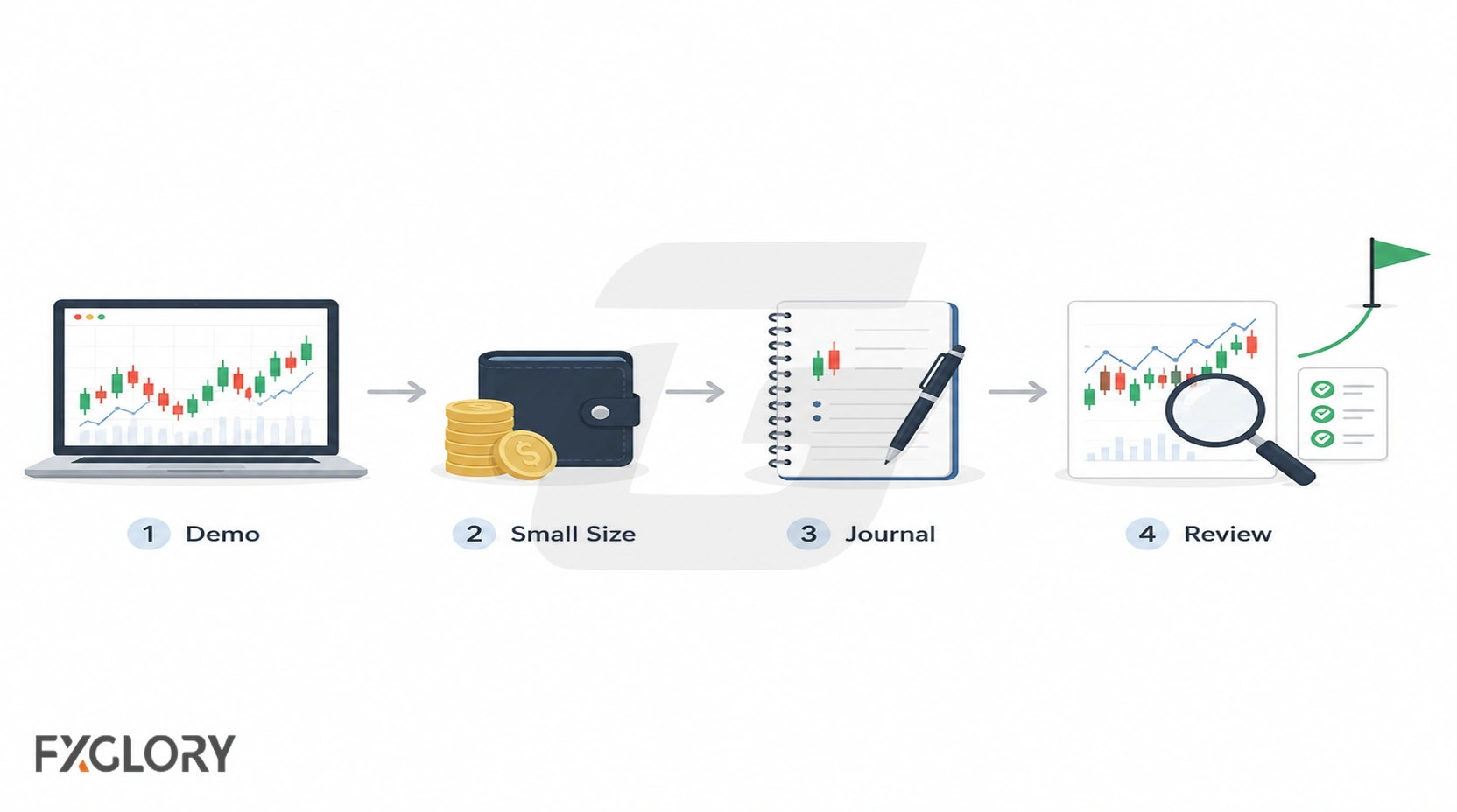 Minimal beginner forex path showing demo practice, small position size, a trading journal, and performance review.