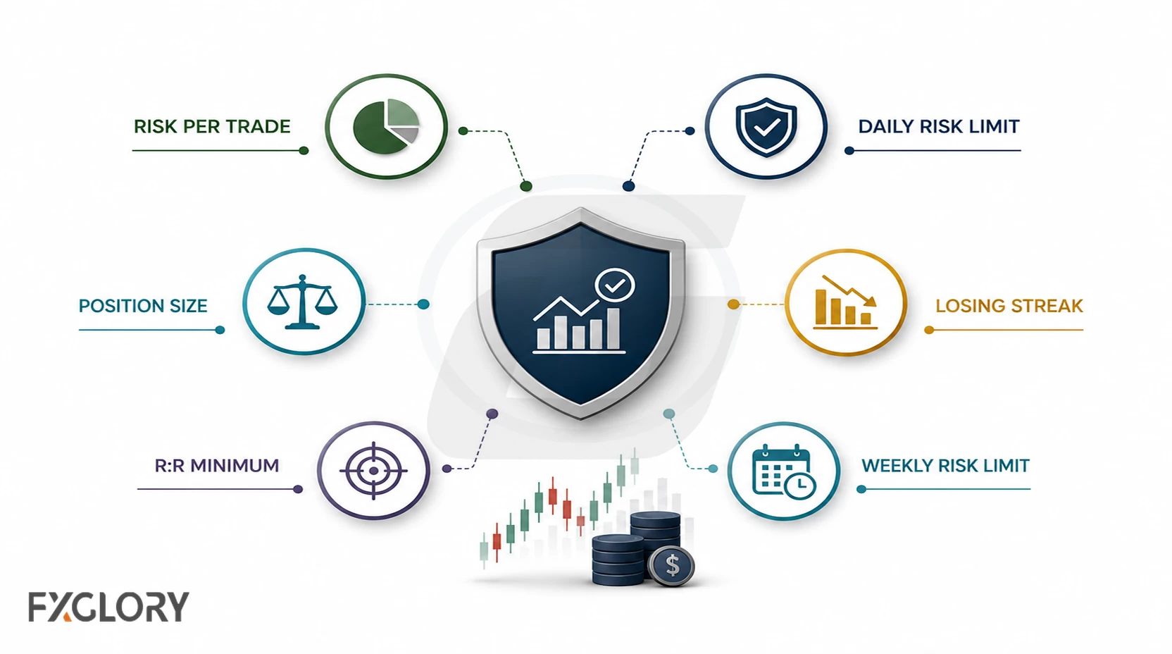 Account-protection framework showing risk per trade, daily and weekly limits, position size, losing-streak rules, and minimum risk-to-reward.