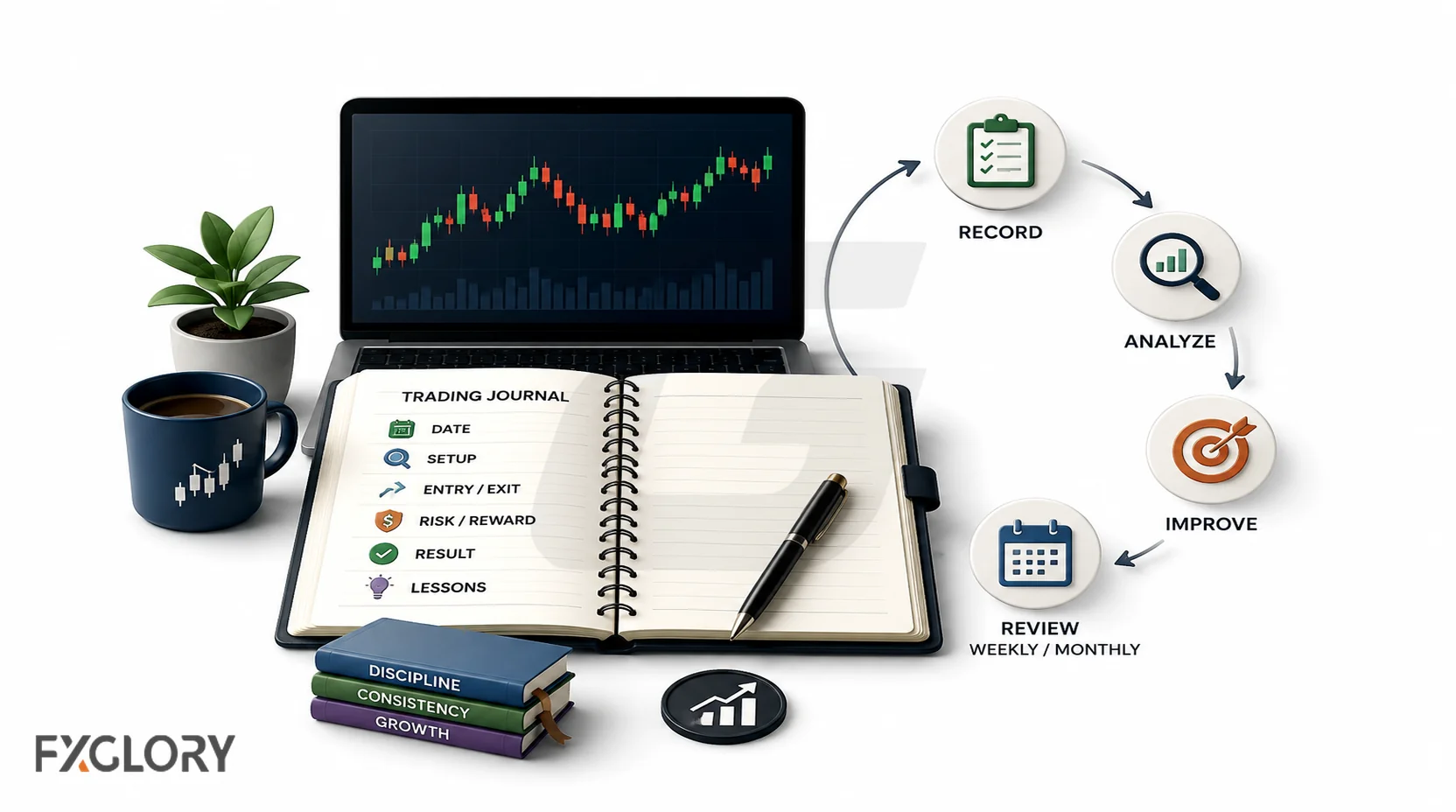 Trading journal and review cycle connecting trade records, analysis, lessons, and weekly or monthly plan improvements.
