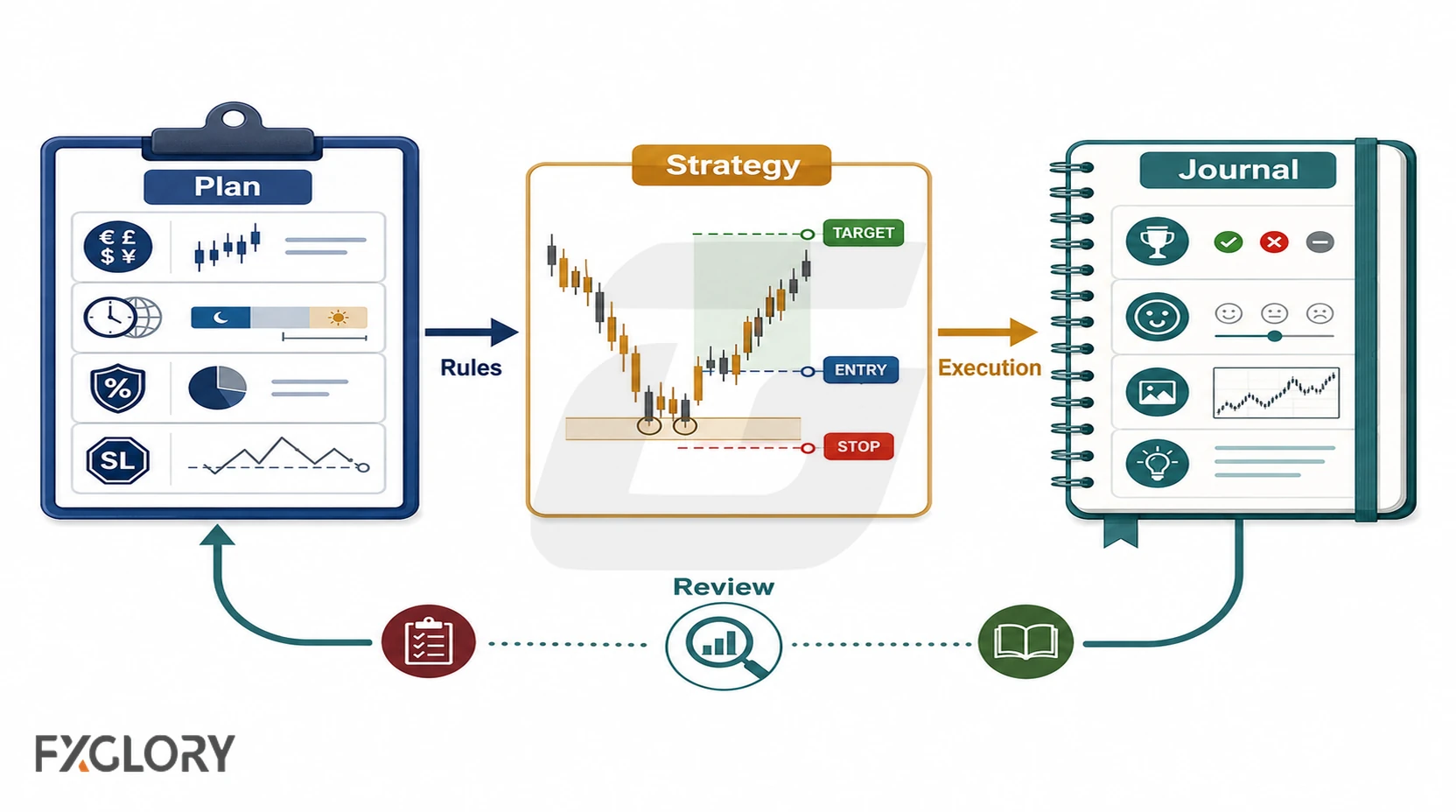 Workflow showing how a trading plan sets the rules, a strategy guides execution, and a journal records results for review.