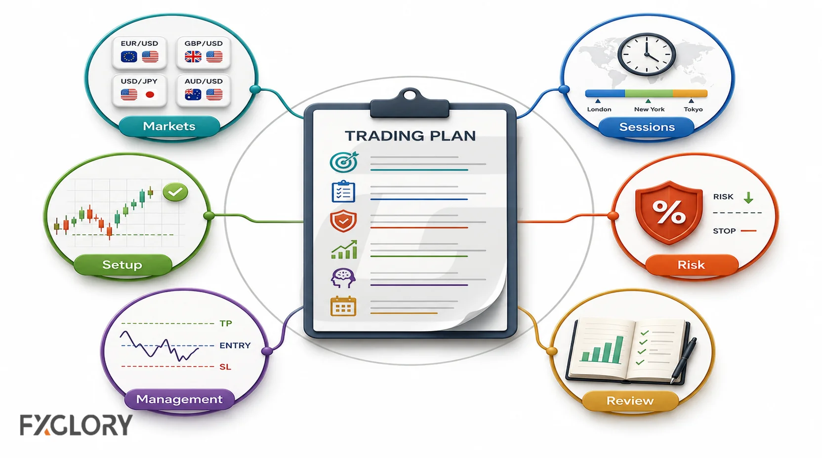 Trading plan framework linking markets, sessions, setup rules, risk controls, trade management, and review.