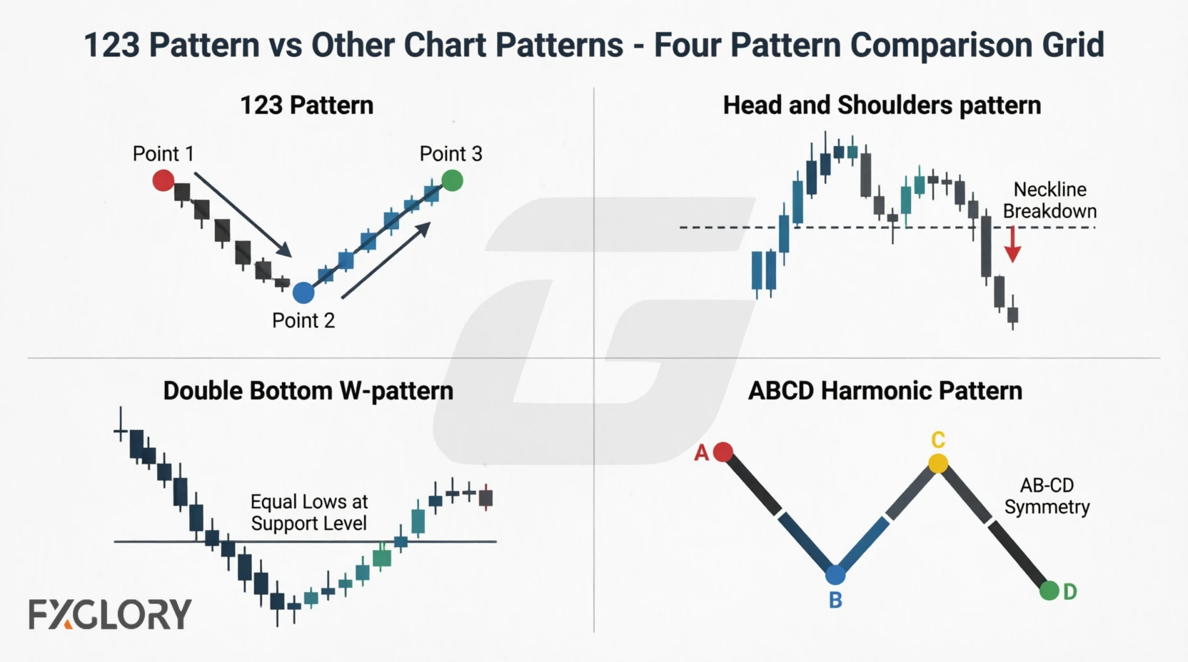 Visual comparison of the 123 pattern versus Head and Shoulders, Double Bottom, and ABCD harmonic patterns