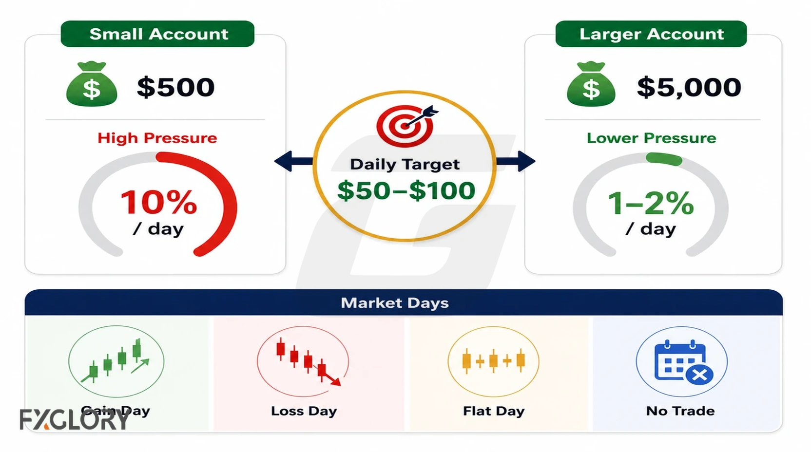 Daily forex income target pressure shown by account size.