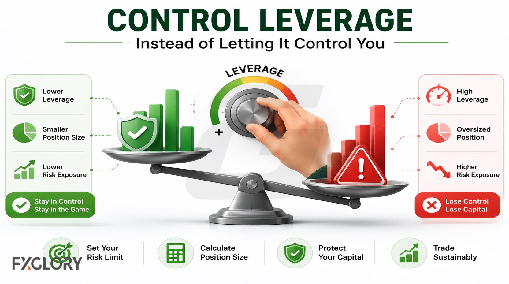 Forex leverage control shown with margin use, position size, and risk exposure.