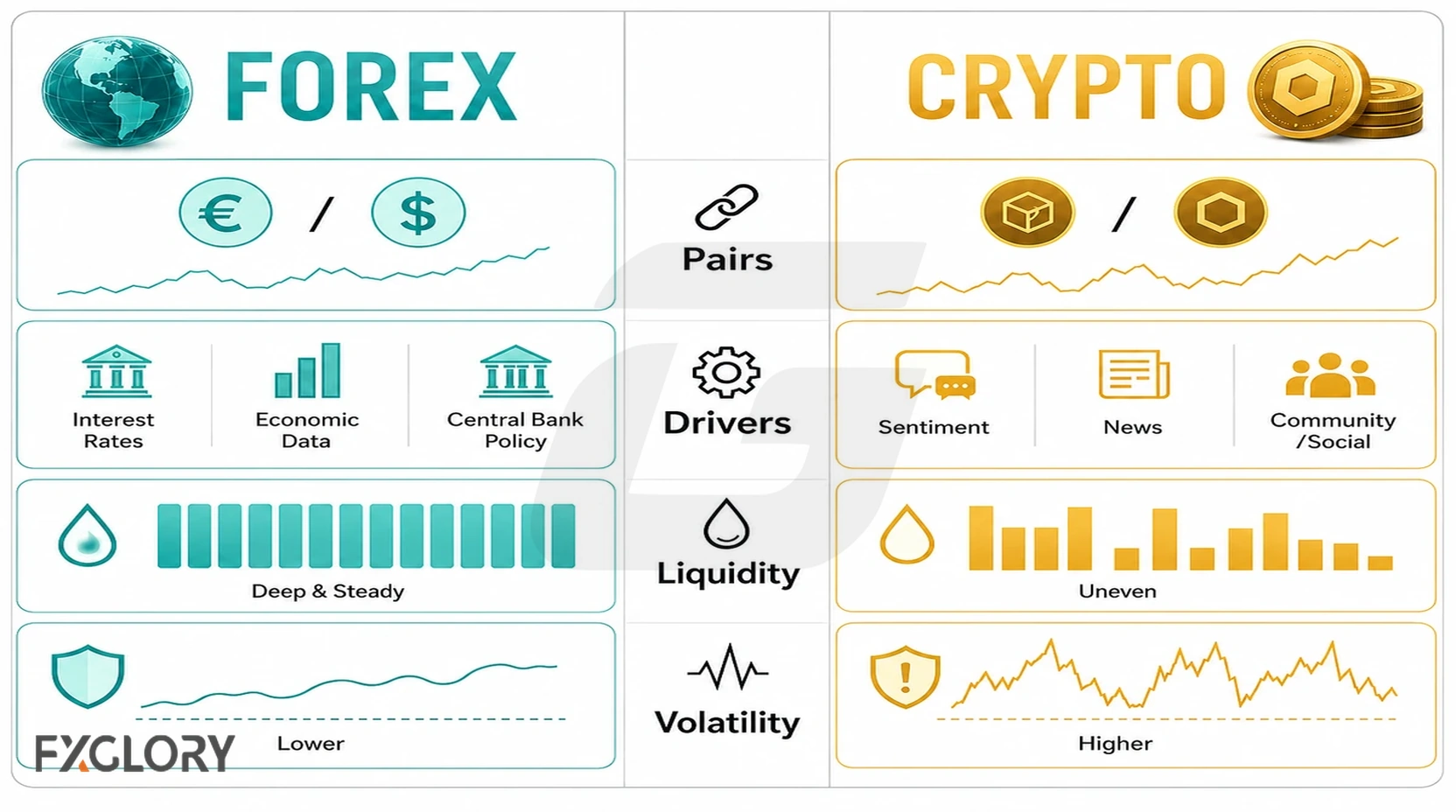 Forex and crypto trading compared by market type, drivers, liquidity, and volatility.