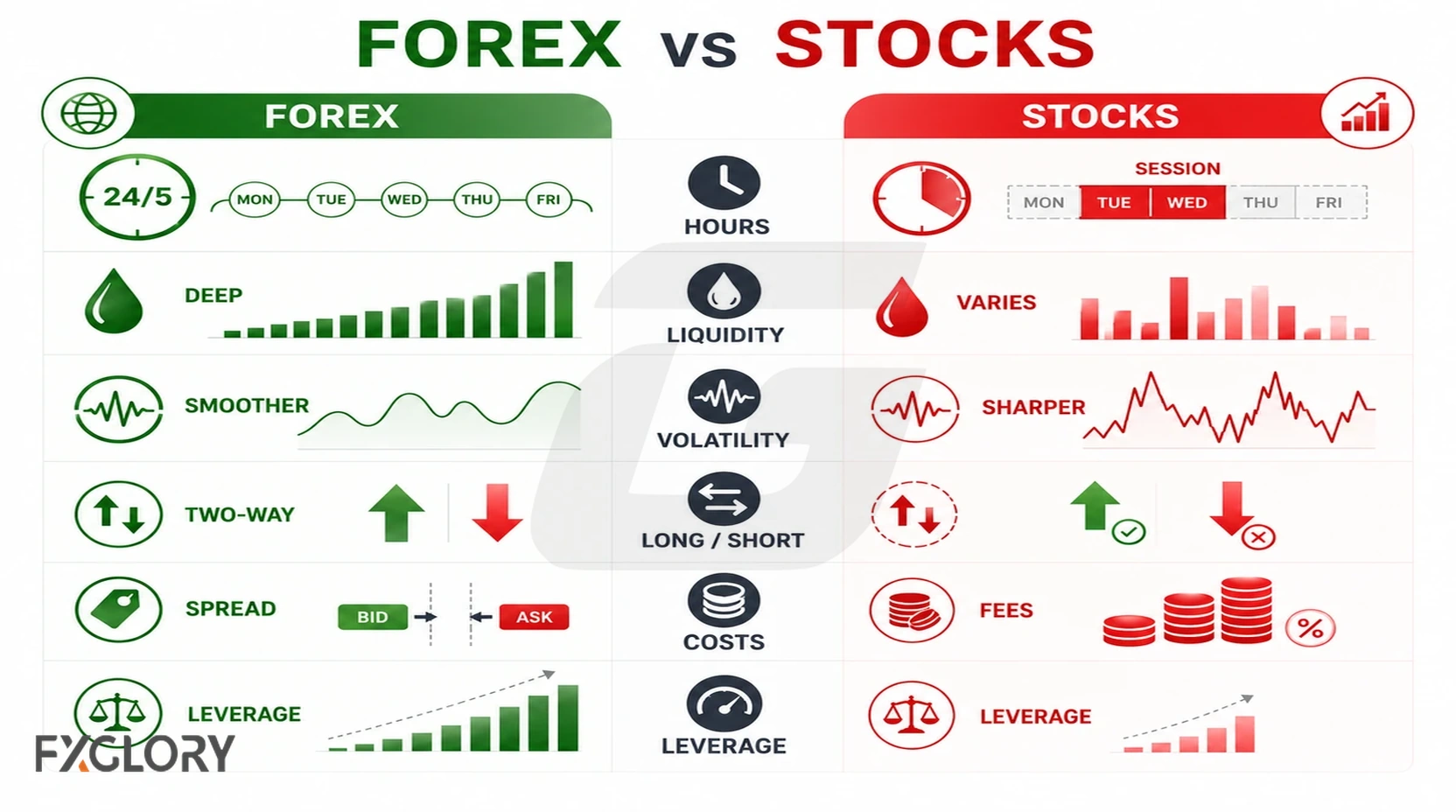 Forex and stock trading features compared across hours, liquidity, volatility, costs, leverage, and long-short access.