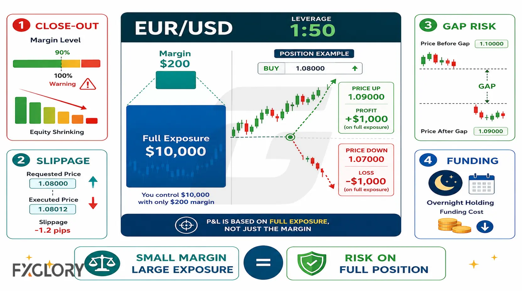 Forex CFD leverage and margin risk showing full exposure, margin requirement, profit and loss, close-out, slippage, gap risk, and funding.