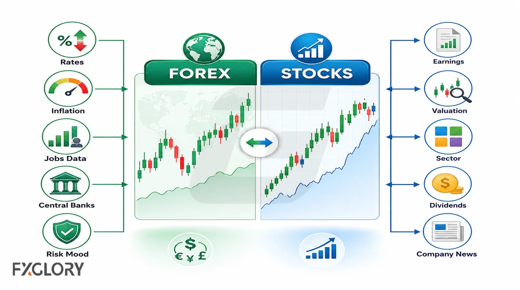 Main market drivers for forex and stocks compared visually.