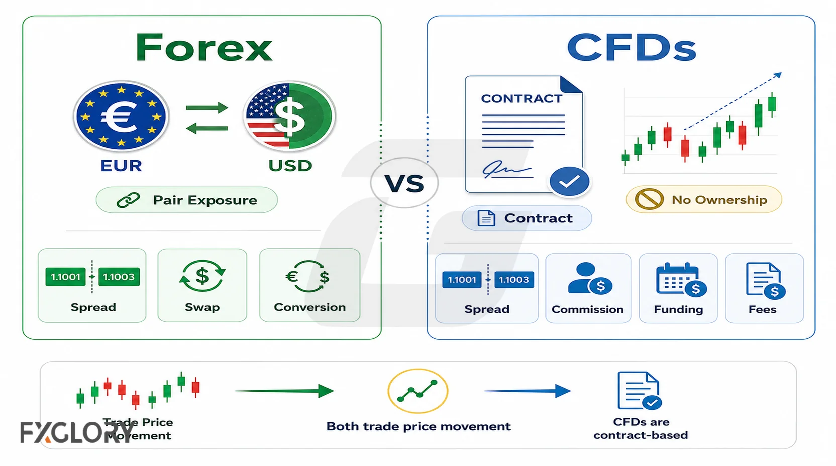 Forex and CFD trading costs including spread, commission, swap, overnight funding, conversion, and product fees.