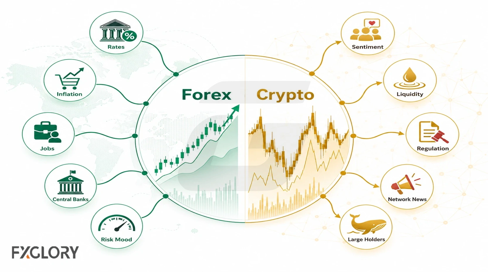 Main price drivers for forex and crypto markets compared.