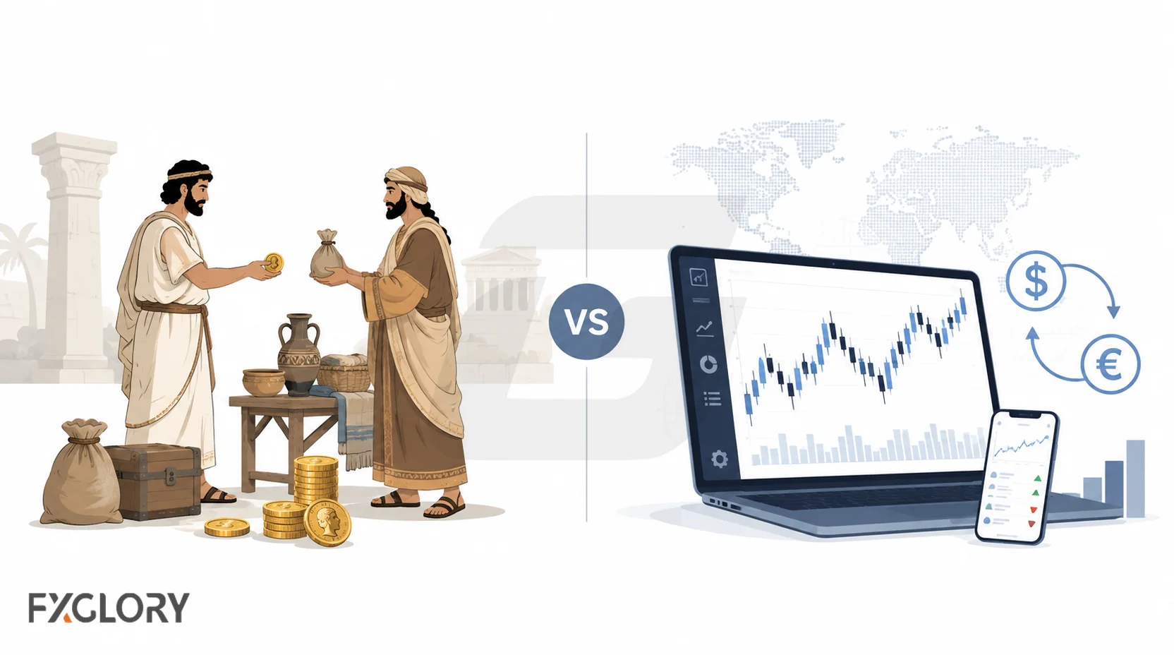Split visual comparing ancient physical currency exchange with modern digital forex trading platforms.