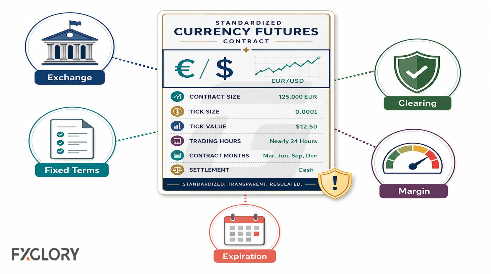 Standardized EUR/USD futures contract connected to an exchange, fixed terms, clearing, margin, and expiration.