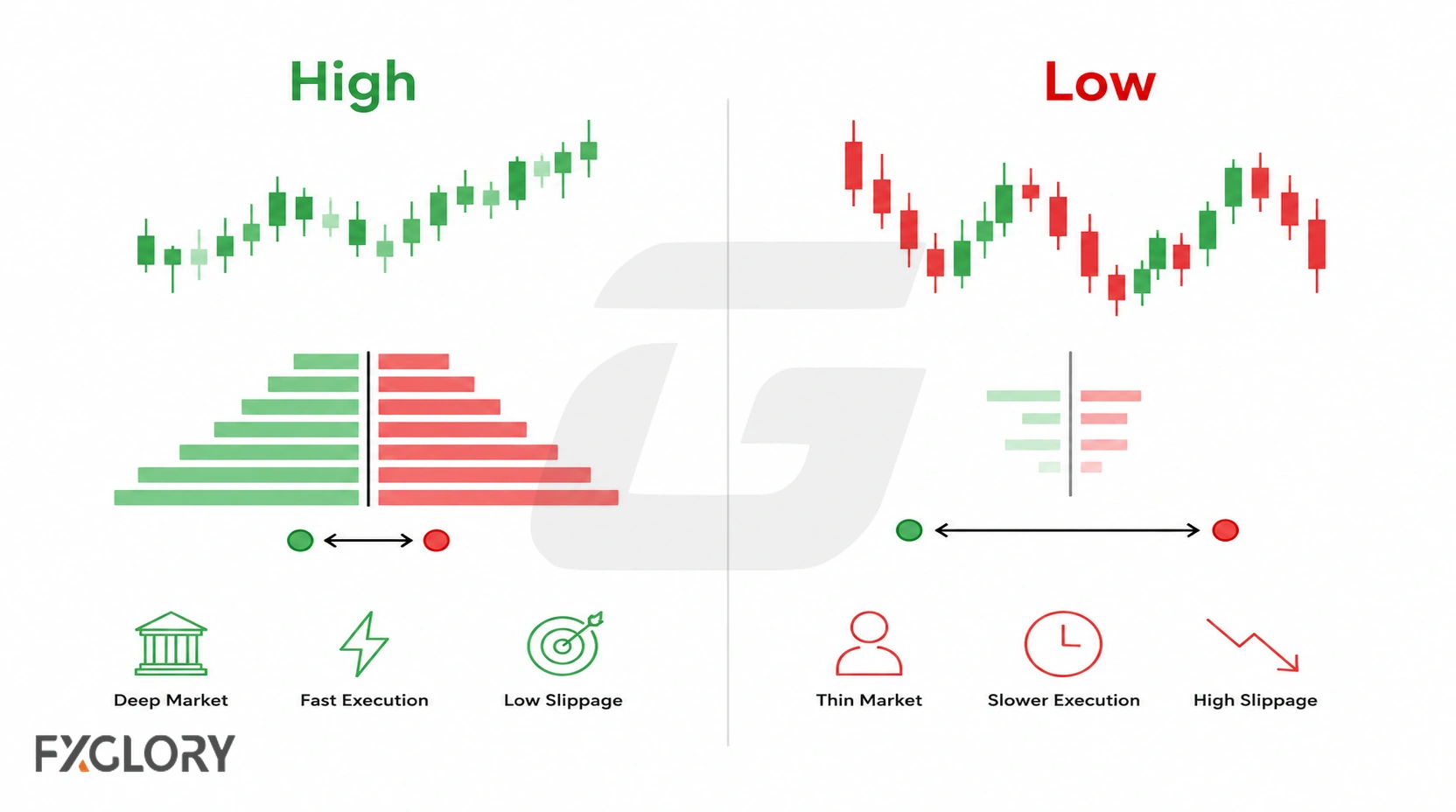 High liquidity shown with deeper market depth and smoother price movement beside low liquidity with sparse depth and erratic movement.