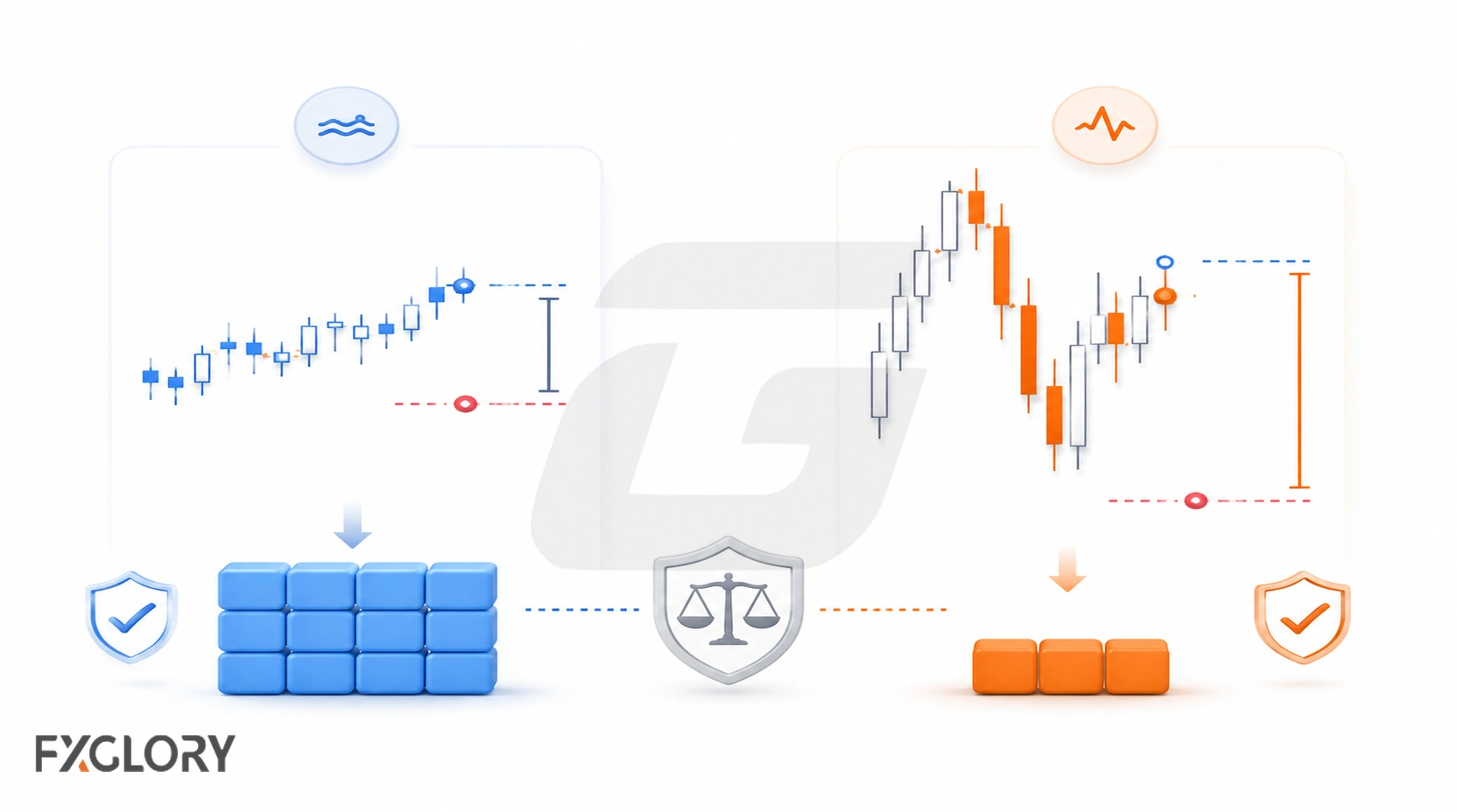 Forex risk diagram comparing a smaller stop with larger position size and a wider stop with reduced position size.