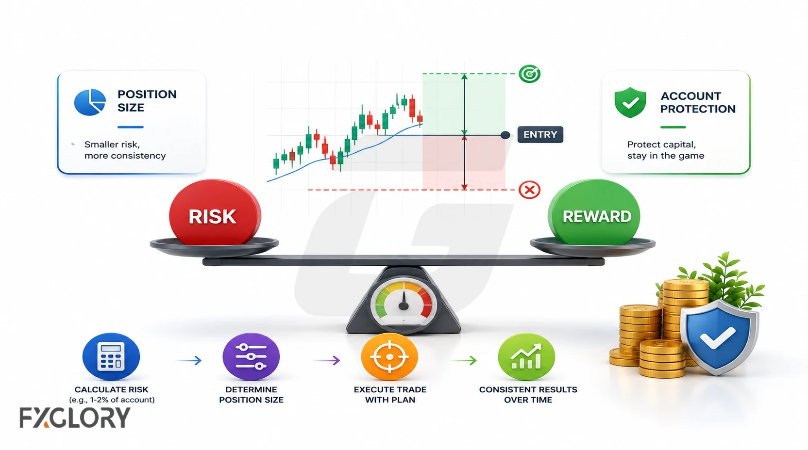 Risk and reward balance showing position sizing, account protection, planned execution, and consistent trading decisions.