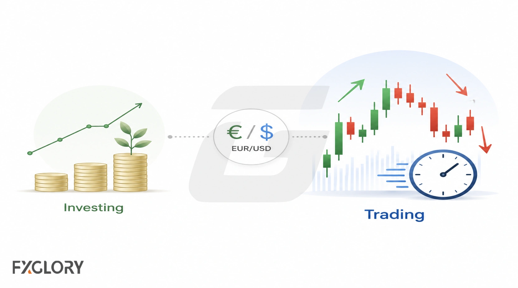 Minimal visual comparing long-term investing with active forex trading.