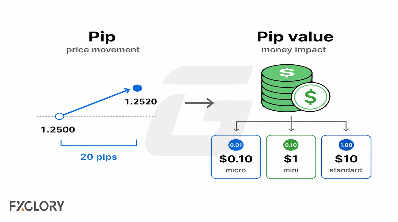 A 20-pip price move compared with the different cash value of each pip for micro, mini, and standard lots.