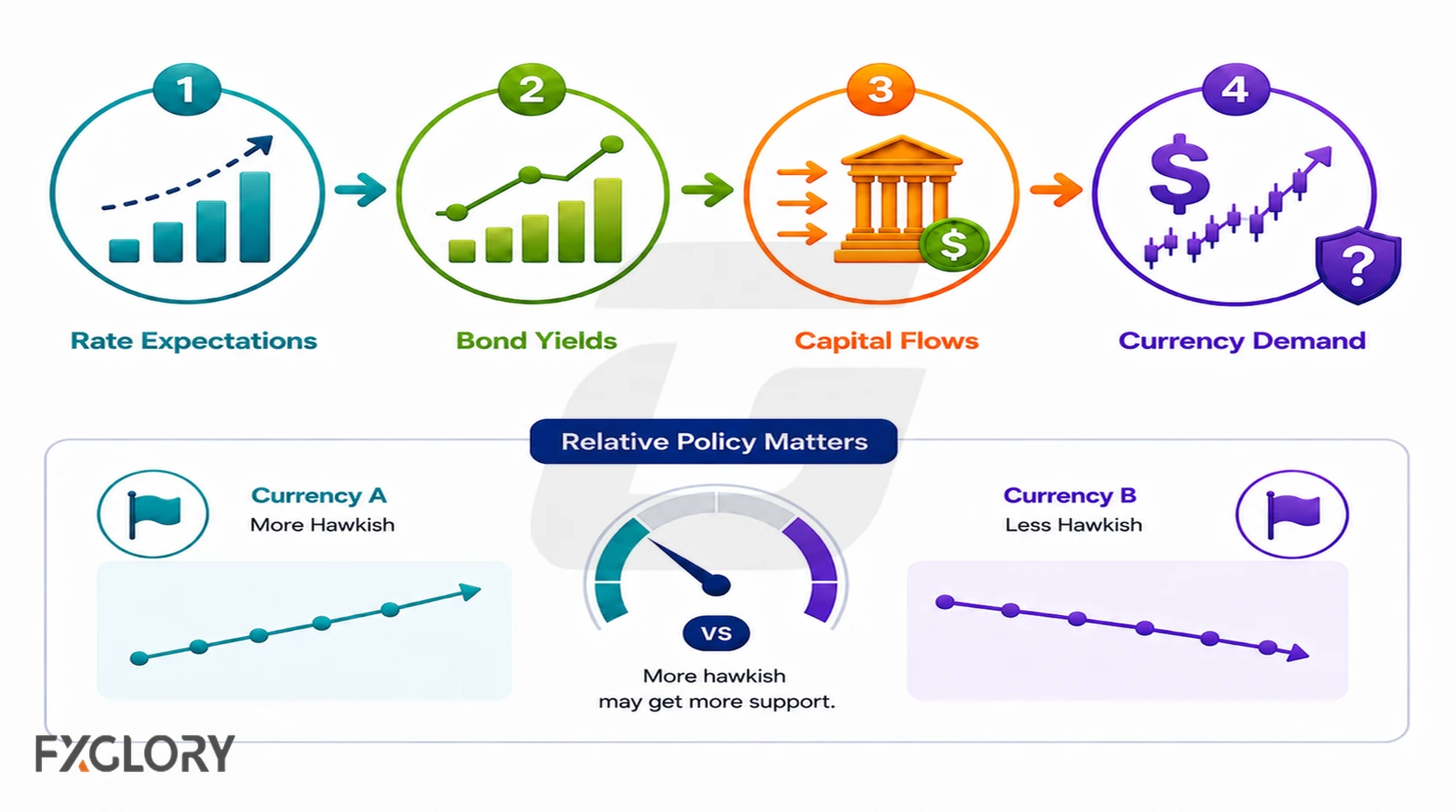 Flow from higher rate expectations to rising bond yields, capital inflows, and stronger currency demand, with a relative-policy comparison.