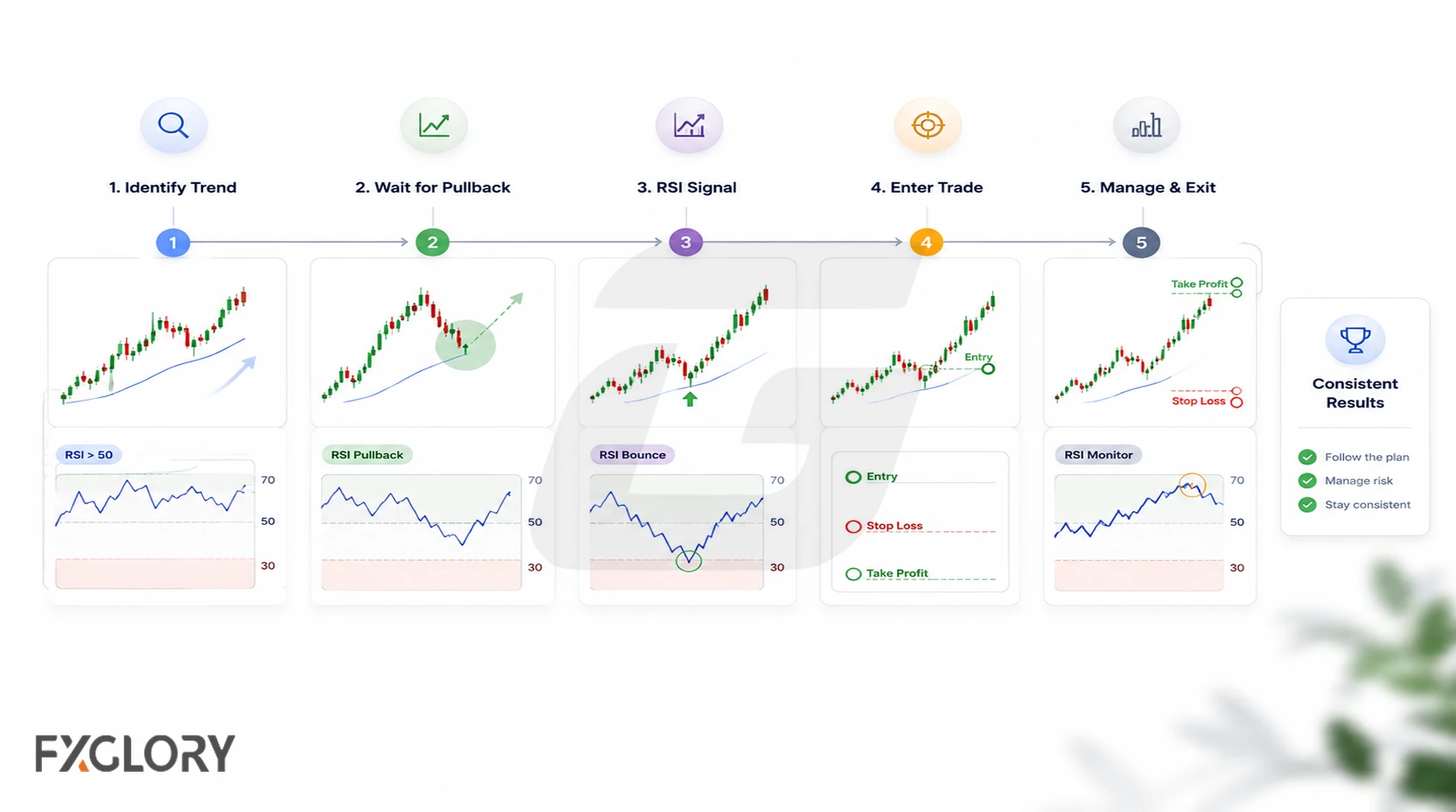 A five-step workflow moves from identifying the trend and waiting for a pullback to checking RSI, entering the trade, and managing the exit.